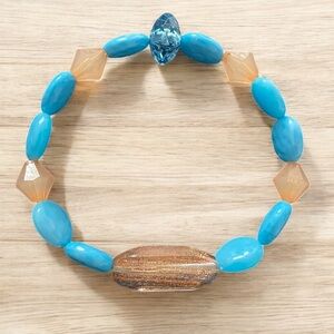 Blue Tan Brown Recycled Vintage Beads Bracelet 7.0”